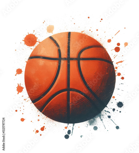Obraz na płótnie Dynamic watercolor artwork of a basketball with splatter effects, isolated for easy use in sports designs, banners, and prints. w salonie