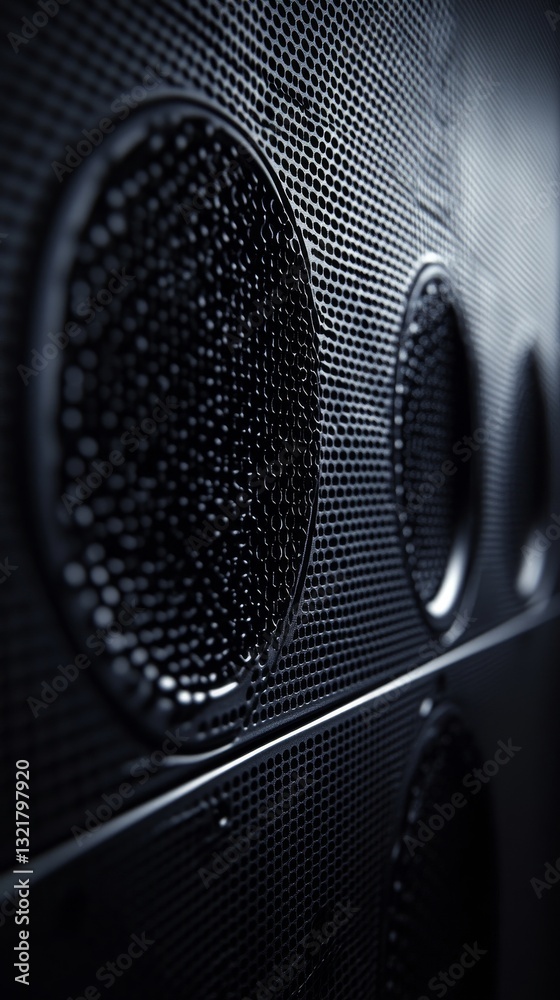 A near view of a textured black surface with multiple circular holes, creating a distinctive pattern and visual depth A near view of a textured black surface with multiple circular holes, creating a distinctive pattern and visual depth
