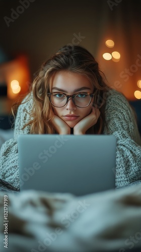 Young Woman With Curly Hair Works on Laptop in Cozy Setting During Evening Hours