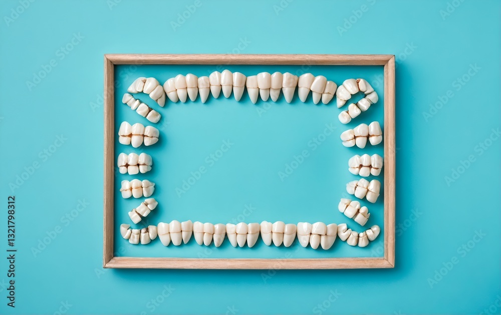 Dental model teeth on blue. Frame with copy space