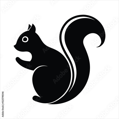 A black squirrel silhouette, a wild mammal icon, or a vector drawing of a squirrel with a nut