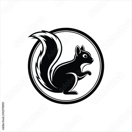 A black squirrel silhouette, a wild mammal icon, or a vector drawing of a squirrel with a nut