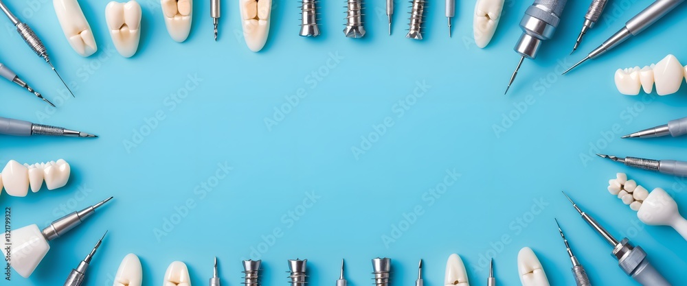 Dental equipment, frame with copy space. Healthy tooth