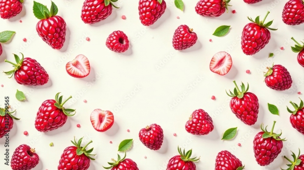 Vibrant Red Raspberries Arranged in a Delightful Pattern on a Soft White Background, Featuring Whole Berries and Halved Berries, Creating a Visually Appealing and Appetising Composition Vibrant Red Raspberries Arranged in a Delightful Pattern on a Soft White Background, Featuring Whole Berries and Halved Berries, Creating a Visually Appealing and Appetising Composition