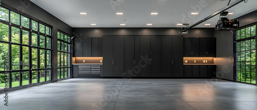 Modern Luxurious Empty Garage Interior With Dark Gray Cabinets Polished Concrete Floor And Large Windows Offering Natural Light View Of Trees