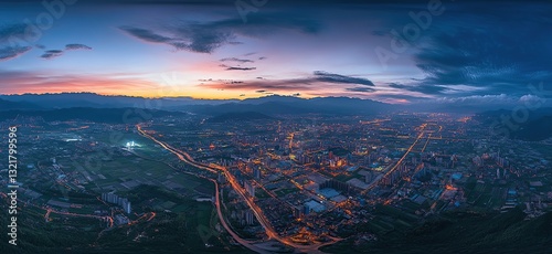 Aerial panoramic view of Yunnan Province, China at dusk with city lights and industrial areas photo