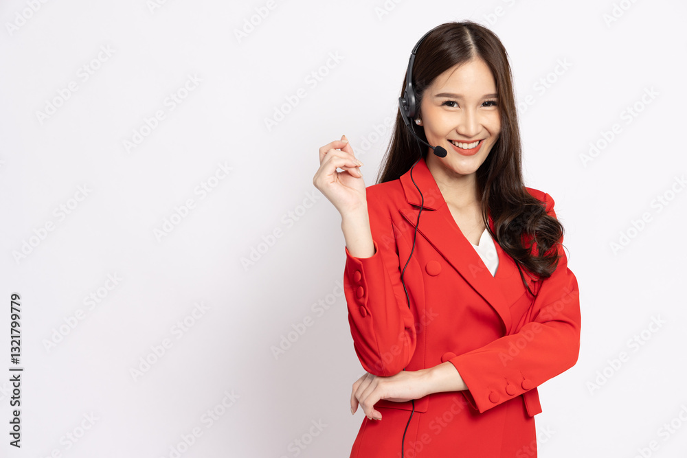 Asian call center or customer service wearing headset, Telemarketing, customer support agent provide service on telephone concept Asian call center or customer service wearing headset, Telemarketing, customer support agent provide service on telephone concept
