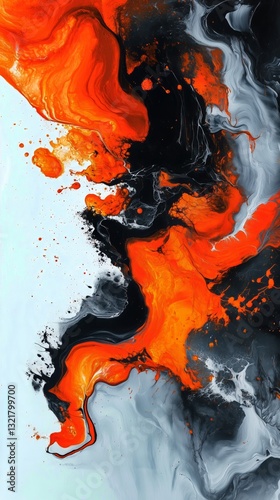 Vibrant Abstract Artwork Featuring Orange, Black, and Gray Colors Blending Se...