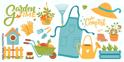 Colorful Gardening Tools and Spring Decorations Illustration with Greenery. Rubber boots, seedling, tulips, gardening cutters. Spring time