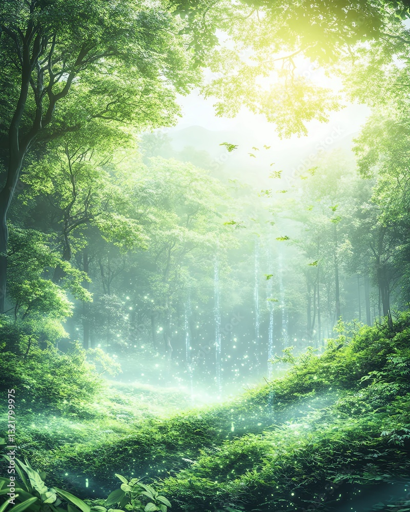 Fototapeta premium Eco-Secure Energy Solutions visualized through a lush forest transforming into renewable biofuel, a futuristic and clean energy concept