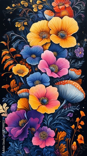 Vivid Floral Arrangement With Colorful Blooms and Mushrooms Against a Dark Ba...