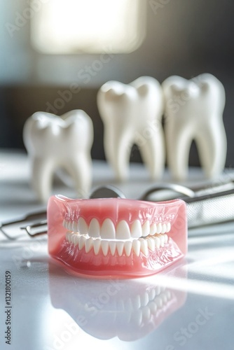 Wallpaper Mural Dental prosthesis reflecting on table with dental tools and teeth models in background Torontodigital.ca