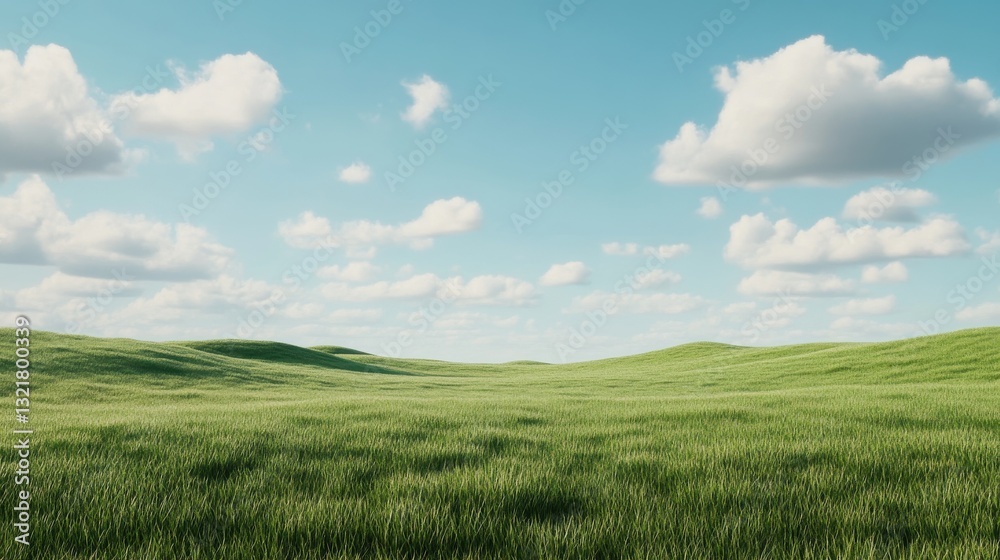 Rolling Green Landscape: A vast expanse of rolling green hills stretches towards the horizon, under a vibrant blue sky dotted with fluffy white clouds. Rolling Green Landscape: A vast expanse of rolling green hills stretches towards the horizon, under a vibrant blue sky dotted with fluffy white clouds.