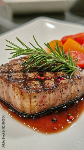 Delicious Grilled Steak With Colorful Vegetables on a White Plate