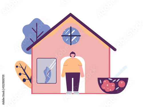 AdobHappy man, girl and dogs in front of house. Backyard, guardian, kennel flat illustration. Lifestyle and domestic animals concept for banner, website design or landing web pagee Illustrator Artwork