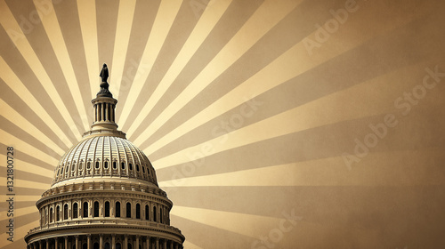 The U.S. Capitol dome, centered in an aged parchment texture with a sepia-toned sunburst background, evoking a sense of historical authority.