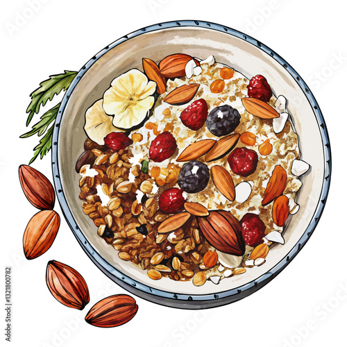 Watercolor Homemade Granola with Dried Fruits and Coconut. Perfect for: Breakfast, Snack Campaigns, Vegan Awareness