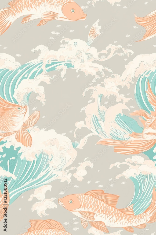 Fototapeta premium Koi carps swimming in a traditional japanese ukiyo e style ocean