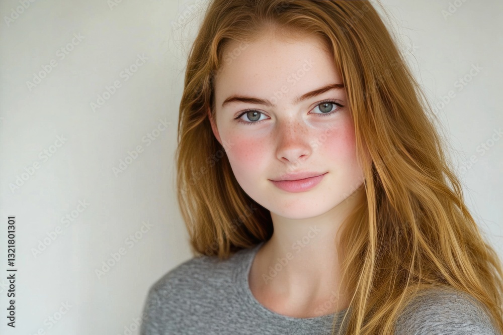 Fototapeta premium Portrait of a teenage girl with freckles and long red hair.