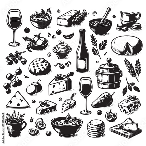 chalk food vector illustrations. wedding dinner icons, wine or champagne glass, cheese, and charcuterie drawings for wedding invitations, cafe menus, and parties.