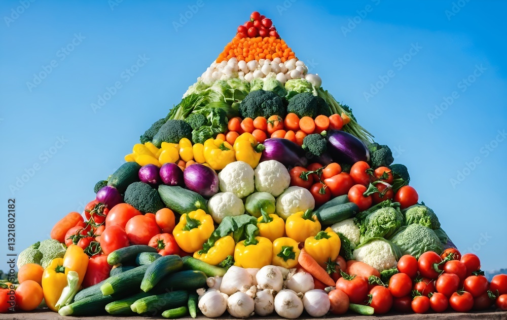 Assorted vegetables in form of pyramid on blue sky background. Healthy food, rich of vitamin, good to immune system boost. Generated AI