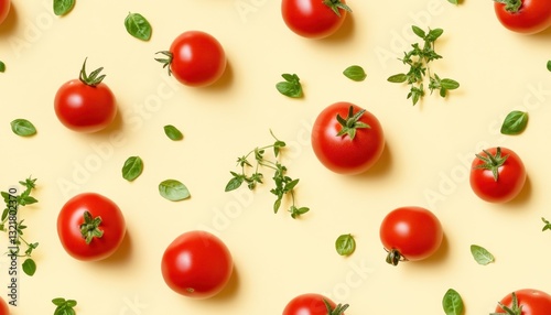 Ripe red tomatoes and fresh herbs creating vibrant culinary pattern