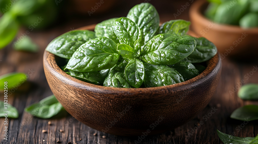 Fresh spinach leaves in a rustic wooden bowl, close-up view. Healthy, vibrant green spinach perfect for salads or cooking. Fresh spinach leaves in a rustic wooden bowl, close-up view. Healthy, vibrant green spinach perfect for salads or cooking.