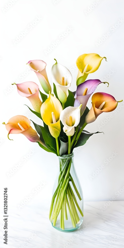 Colorful calla lily bouquet in glass vase