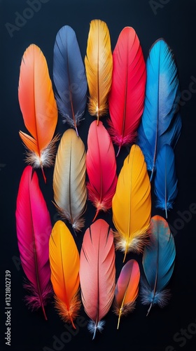 Vibrant Feathers in Various Colors Arranged Artistically on a Dark Background