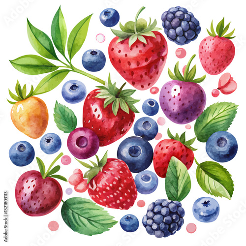 Watercolor Wild Berries Including Blueberries and Raspberries. Perfect for: Summer, Antioxidant Campaigns, Freshness