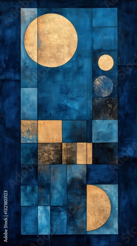 Abstract Blue and Gold Artwork Featuring Geometric Shapes and Circular Design...