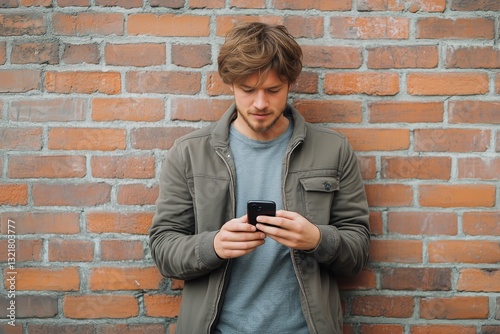 Young Man Texting While Leaning Against a Brick Wall in a Casual Urban Setting