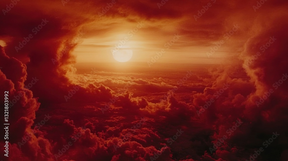 Fototapeta premium Fiery sunset viewed from above the clouds.