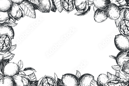 Rectangular horizontal frame made of walnuts with space for text. Vector linear drawing in ink. Design for nut oil, liqueur Nocino. Walnuts whole and peeled kernels, leaves on a white background.