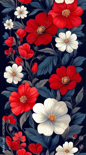 Colorful Floral Pattern Featuring Red and White Flowers on Dark Background Wi...