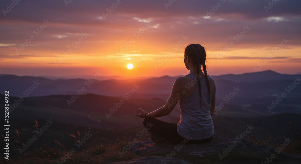A tranquil meditation scene featuring a person sitting cross-legged on a mountaintop at sunset, hands in a prayer pose, fully immersed in mindfulness. Perfect for themes of inner peace, spirituality A tranquil meditation scene featuring a person sitting cross-legged on a mountaintop at sunset, hands in a prayer pose, fully immersed in mindfulness. Perfect for themes of inner peace, spirituality