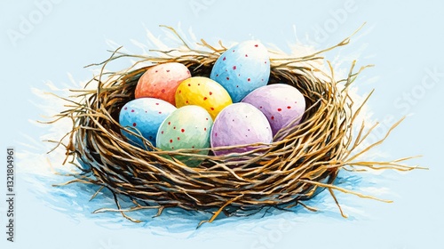 Professional Easter Nest with Colorful Eggs on Light Blue Background Image for Seasonal Marketing