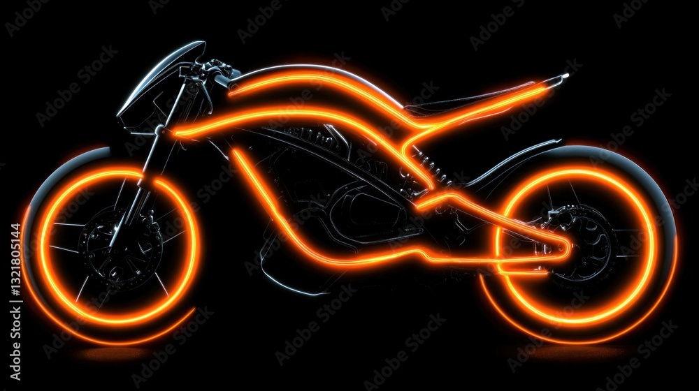 Fototapeta premium Futuristic electric motorcycle with orange neon lights glowing in the dark