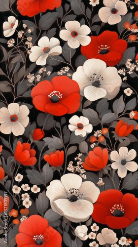 Colorful Floral Pattern Featuring Red and White Flowers on Dark Background Wi...
