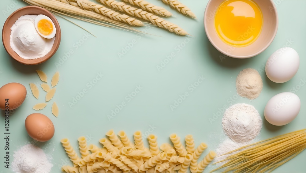 Making pasta. Ingredients on table, frame shape. Flat lay, top view. Copy space
