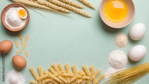 Obraz na płótnie Making pasta. Ingredients on table, frame shape. Flat lay, top view. Copy space w salonie