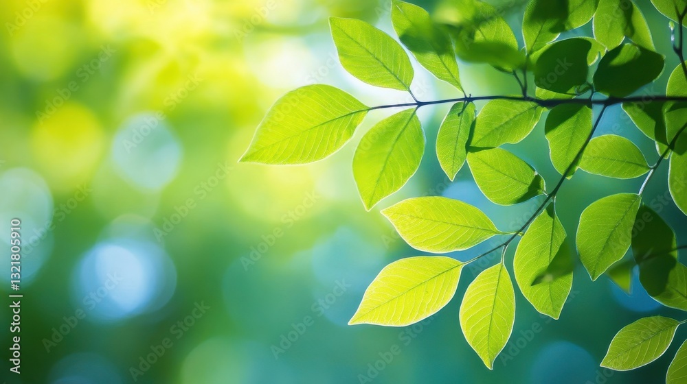 Close up view showing vibrant green leaves and branches with soft sunlight Close up view showing vibrant green leaves and branches with soft sunlight