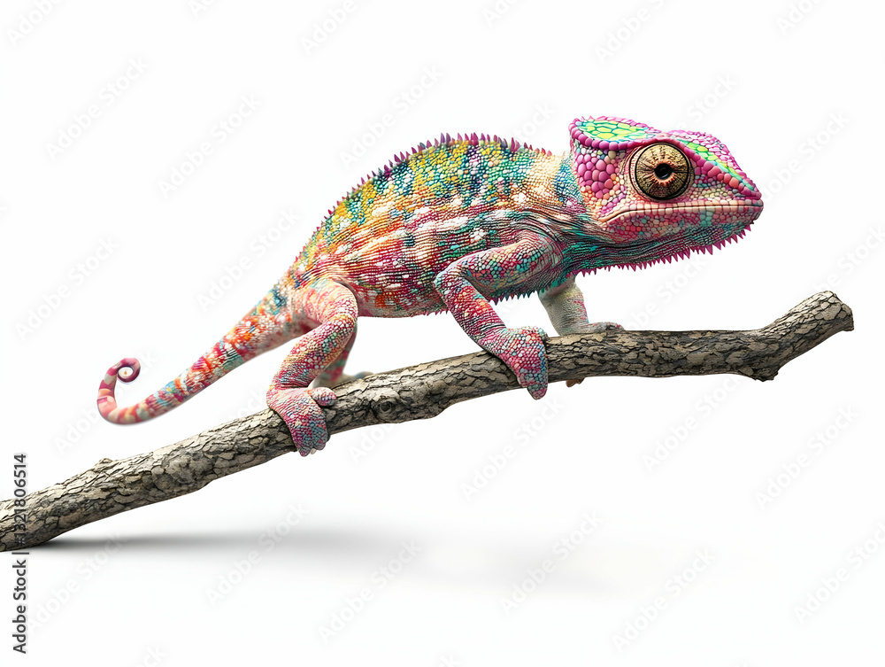 Obraz premium A colorful chameleon perched on a branch, showcasing its vibrant skin and unique features in a captivating pose.