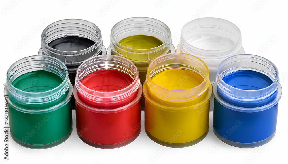 A Vibrant Collection Of Primary And Secondary Color Paints Ready For Creative Expression In Small, Clear Jars Against A Bright White Background A Vibrant Collection Of Primary And Secondary Color Paints Ready For Creative Expression In Small, Clear Jars Against A Bright White Background