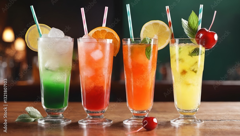 Colorful gin tonic cocktails in glasses on bar counter in pup or restaurant