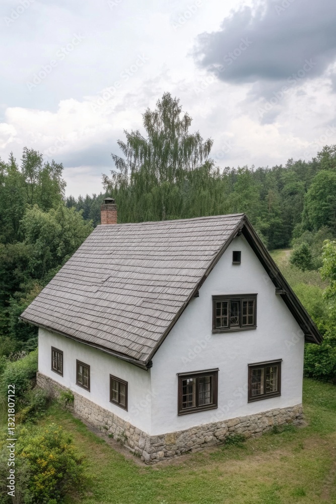 Experience the allure of this charming rustic house, perfectly nestled within a tranquil forest landscape, where a cloudy day enhances the beauty of the lush greenery all around Experience the allure of this charming rustic house, perfectly nestled within a tranquil forest landscape, where a cloudy day enhances the beauty of the lush greenery all around