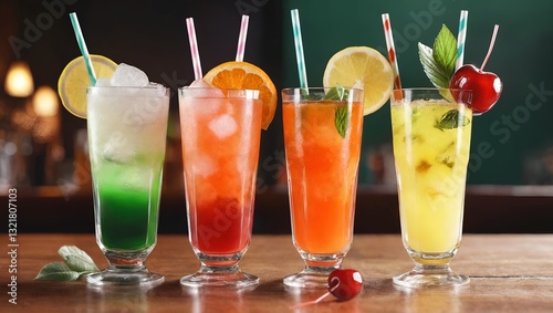 Obraz na płótnie Colorful gin tonic cocktails in glasses on bar counter in pup or restaurant w salonie