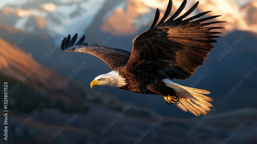 Obraz premium A large eagle is flying over a mountain range