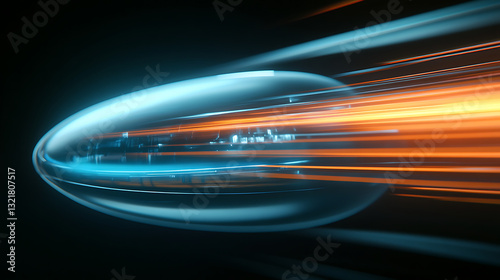 Realistic close-up animation of a spaceship traveling close to the speed of light, showing length contraction and distortion of space-time around it 