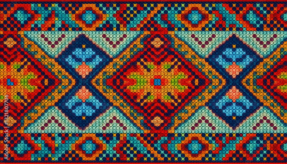 A Vibrant Tapestry Of Cross-stitch Artistry Showcasing Bold Geometric Patterns And Rich Jewel-toned Colors In A Symmetrical Design A Vibrant Tapestry Of Cross-stitch Artistry Showcasing Bold Geometric Patterns And Rich Jewel-toned Colors In A Symmetrical Design